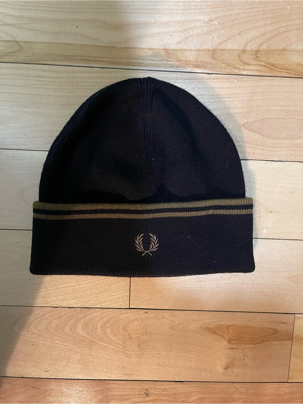 Fred Perry Black Beanie with Olive Trim and Laurel Logo